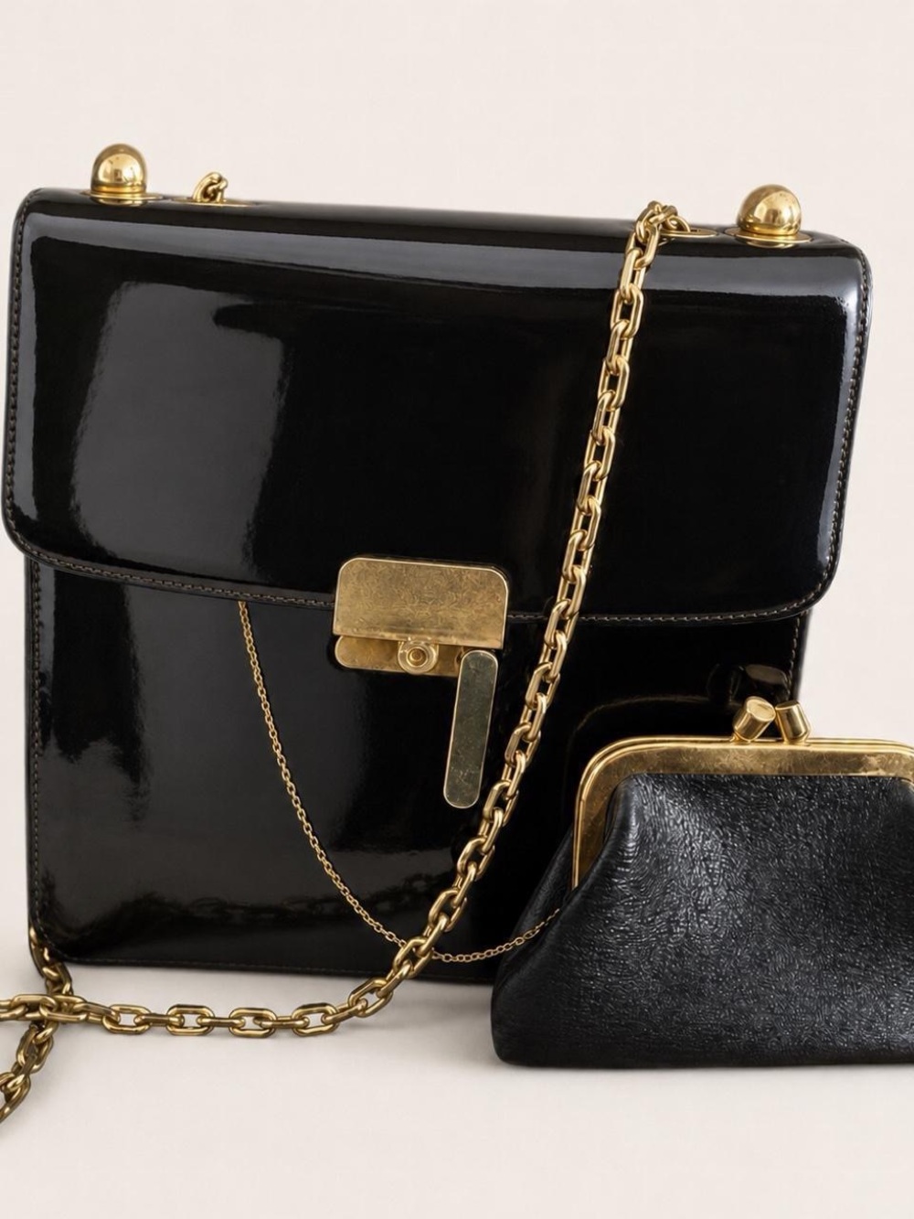 Vintage Koret Black Patent Crossbody Bag with Gold Hardware & Coin Purse